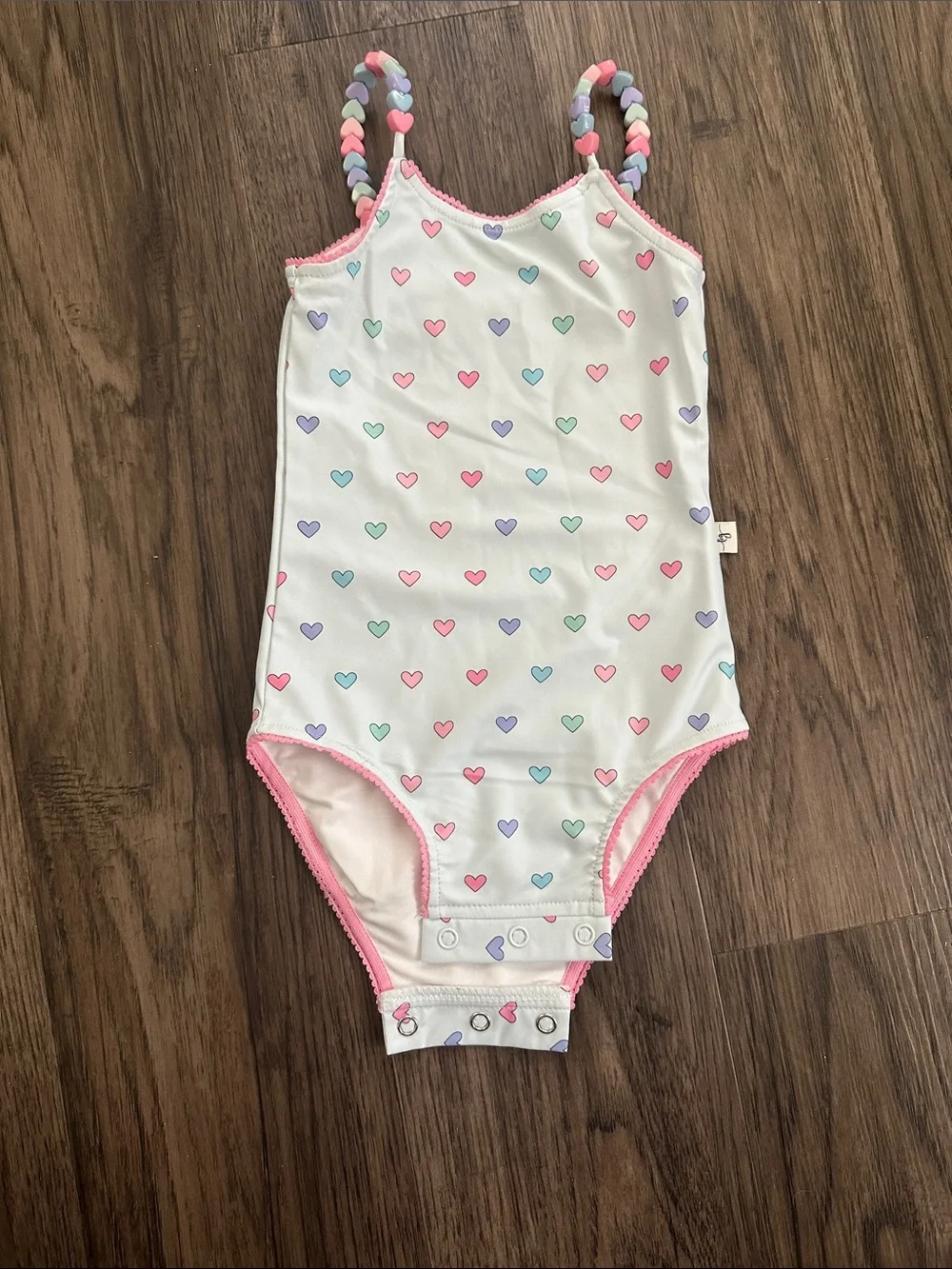 Toddler White Heart-Print Swim Bodysuit with Pink Trim